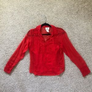 ICE Romantic Red Floral Embroidered Sheer Blouse | Medium Petite | 2pc